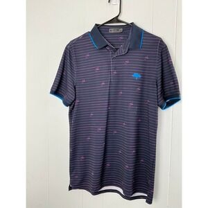 G/FORE Mens Polo Shirt Medium Navy Pink Striped Script Logo Performance Golf Top